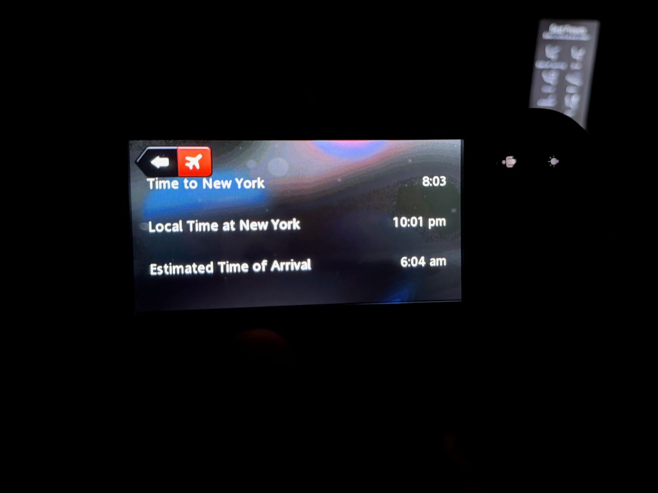 Flight map showing time remaining to New York on the overnight flight.