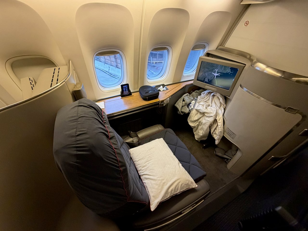 Flagship First seat 1A after landing at New York JFK.