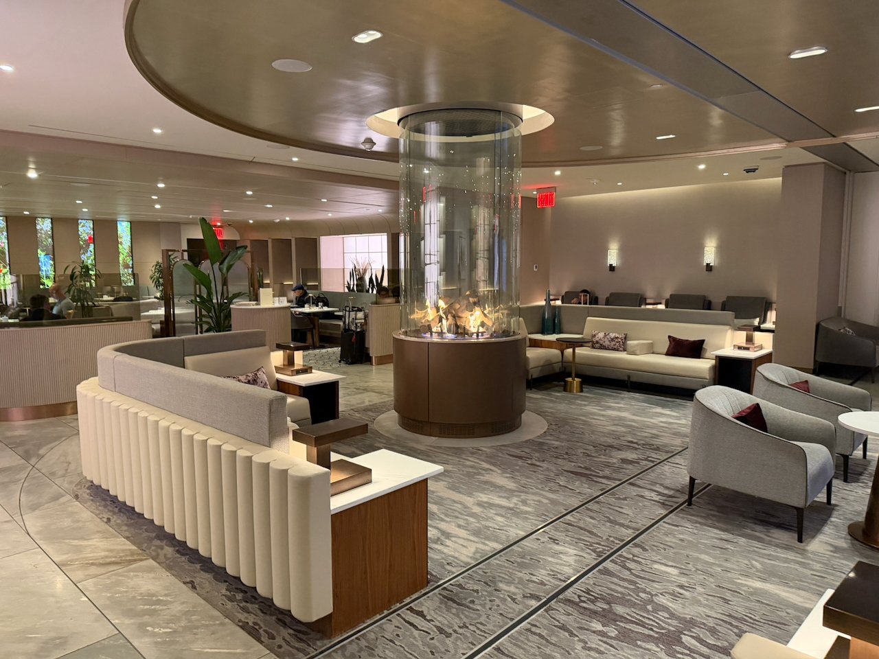 Fireplace seating at the Chelsea Lounge at JFK.