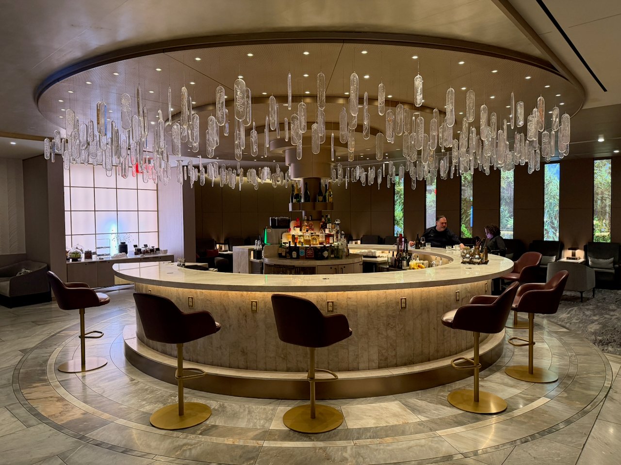 Chandelier over the bar at the JFK Chelsea Lounge.