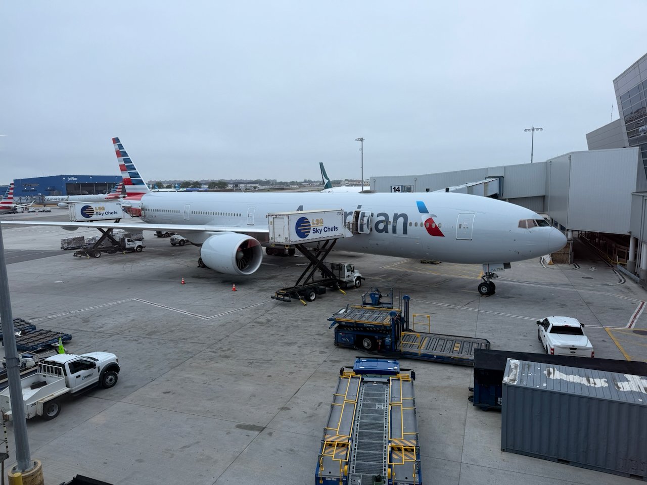 American Airlines 777-300ER at the gate after arrival at JFK.