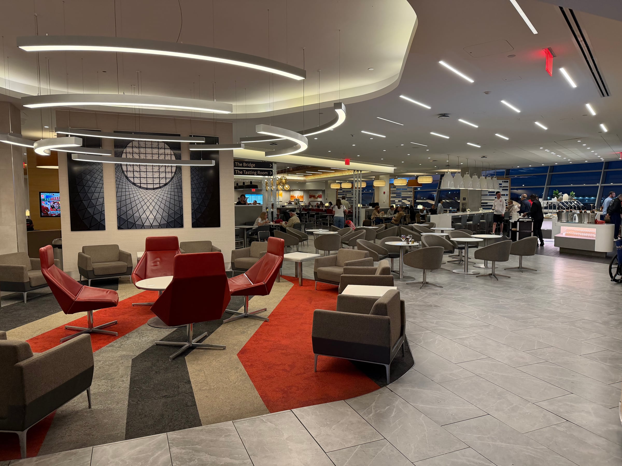 Main seating area inside the American Airlines Greenwich Lounge at JFK.