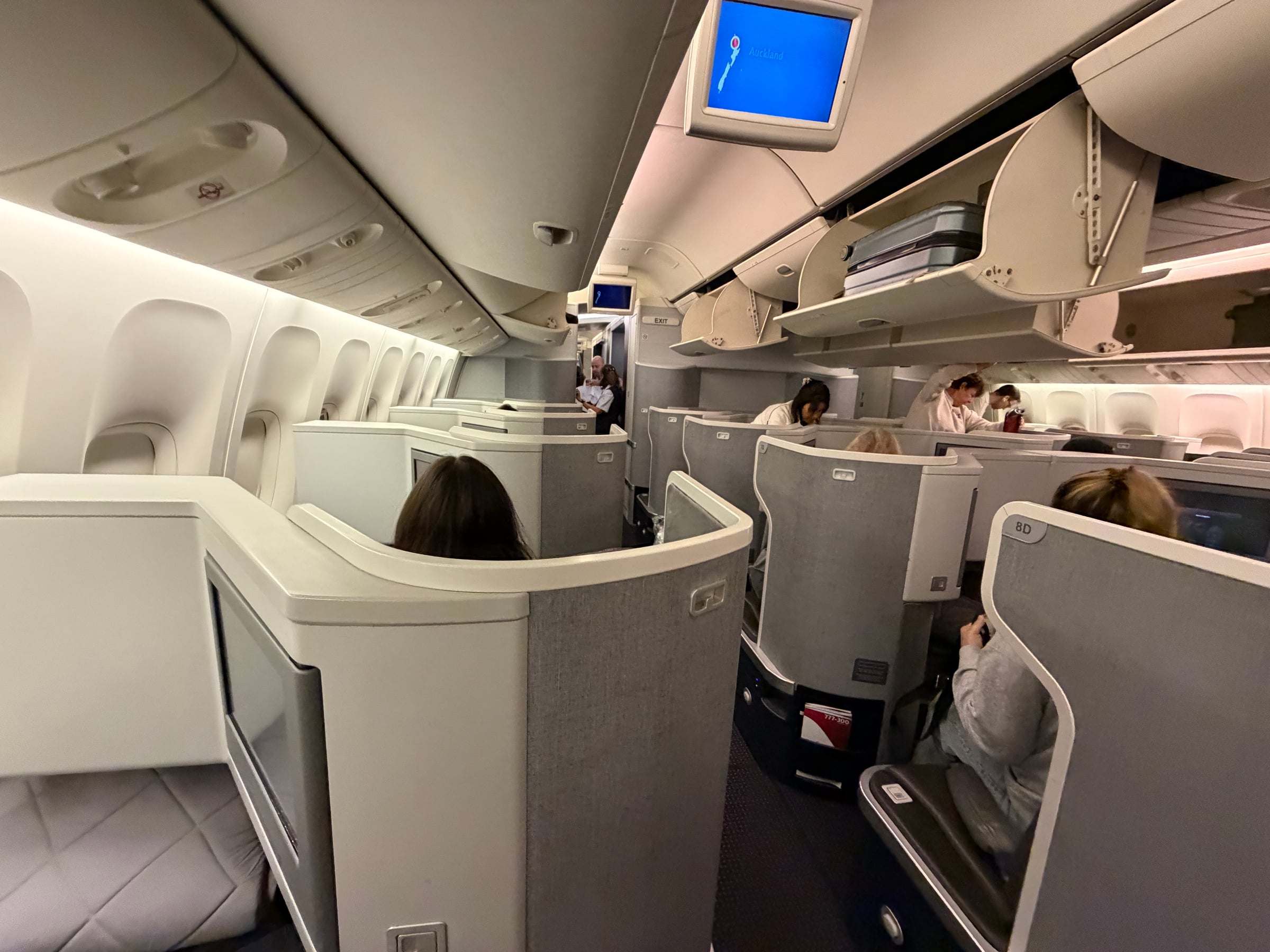 View across the American 777-300ER Flagship Business cabin from seat 9A.