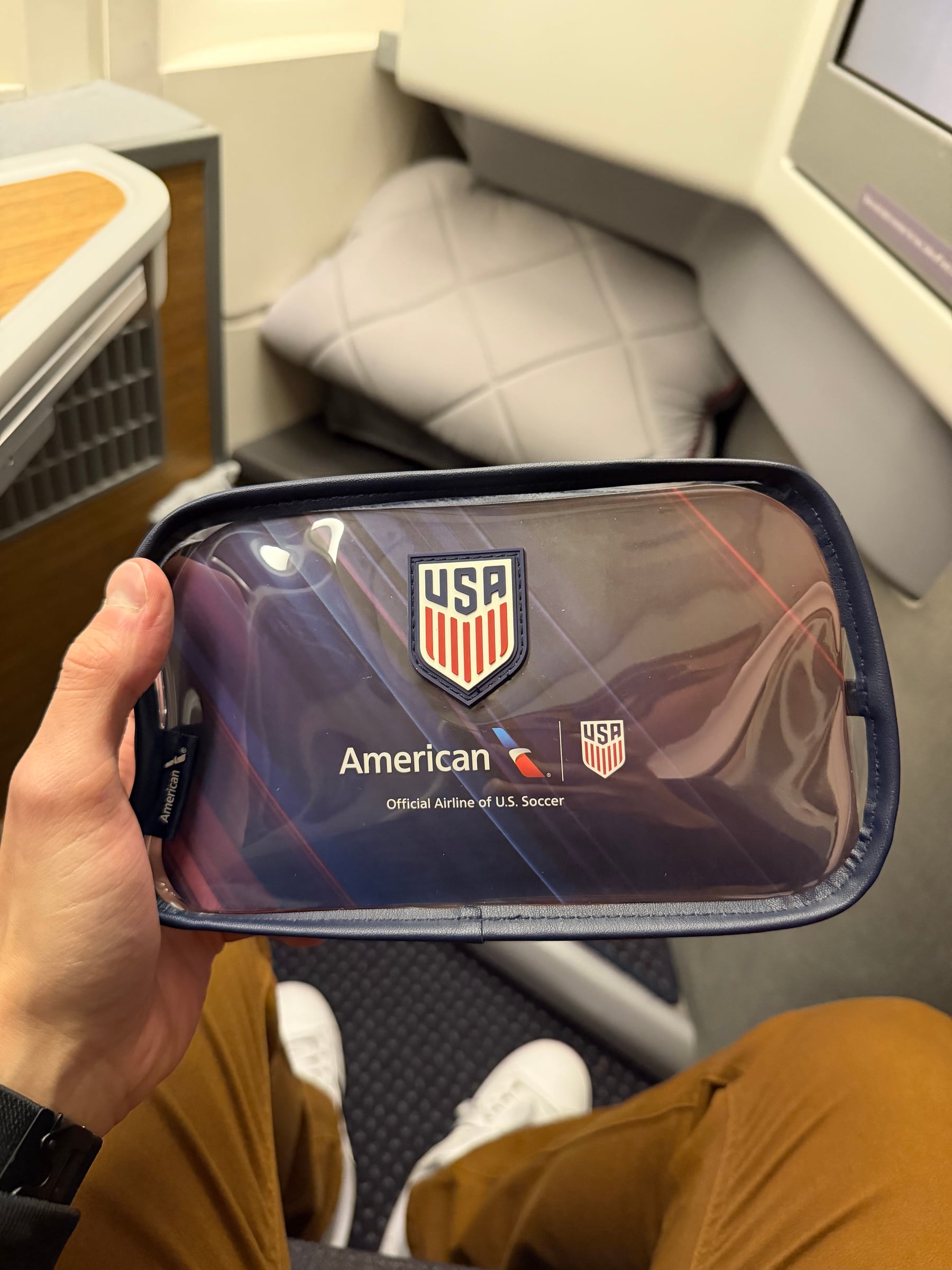 Front of the limited-edition American Airlines and U.S. Soccer amenity kit.