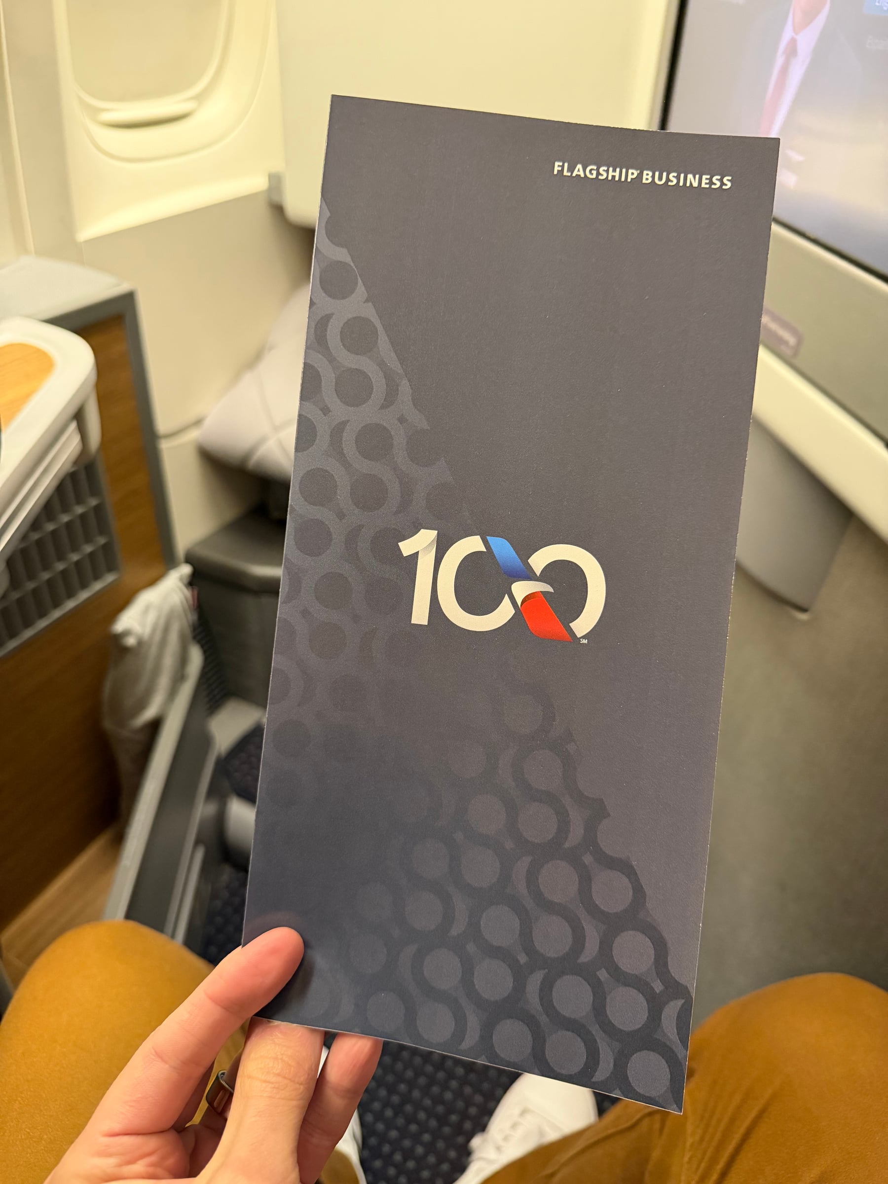 American Airlines centennial Flagship Business menu cover.