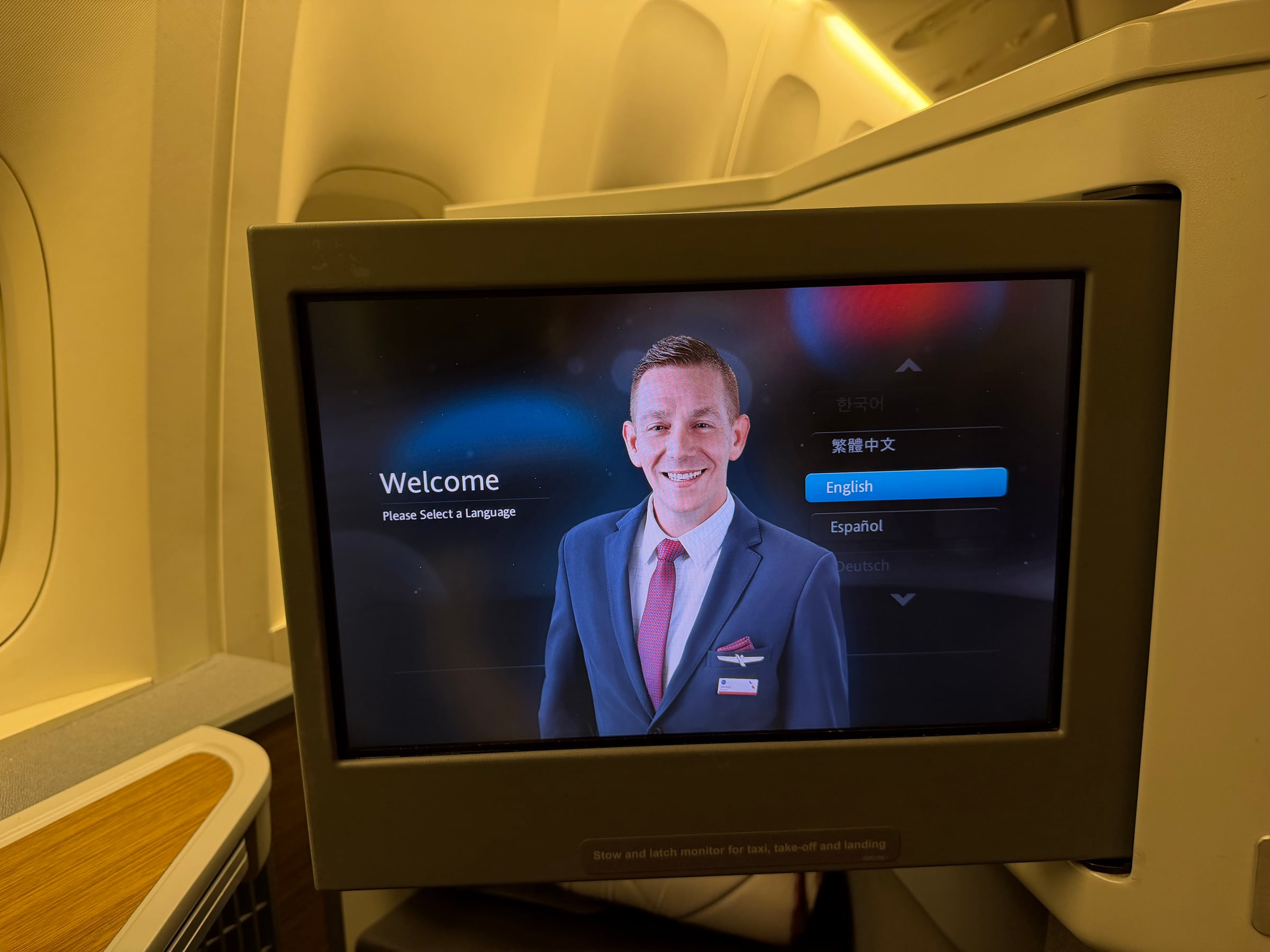 Welcome screen on the American Airlines 777-300ER inflight entertainment system.