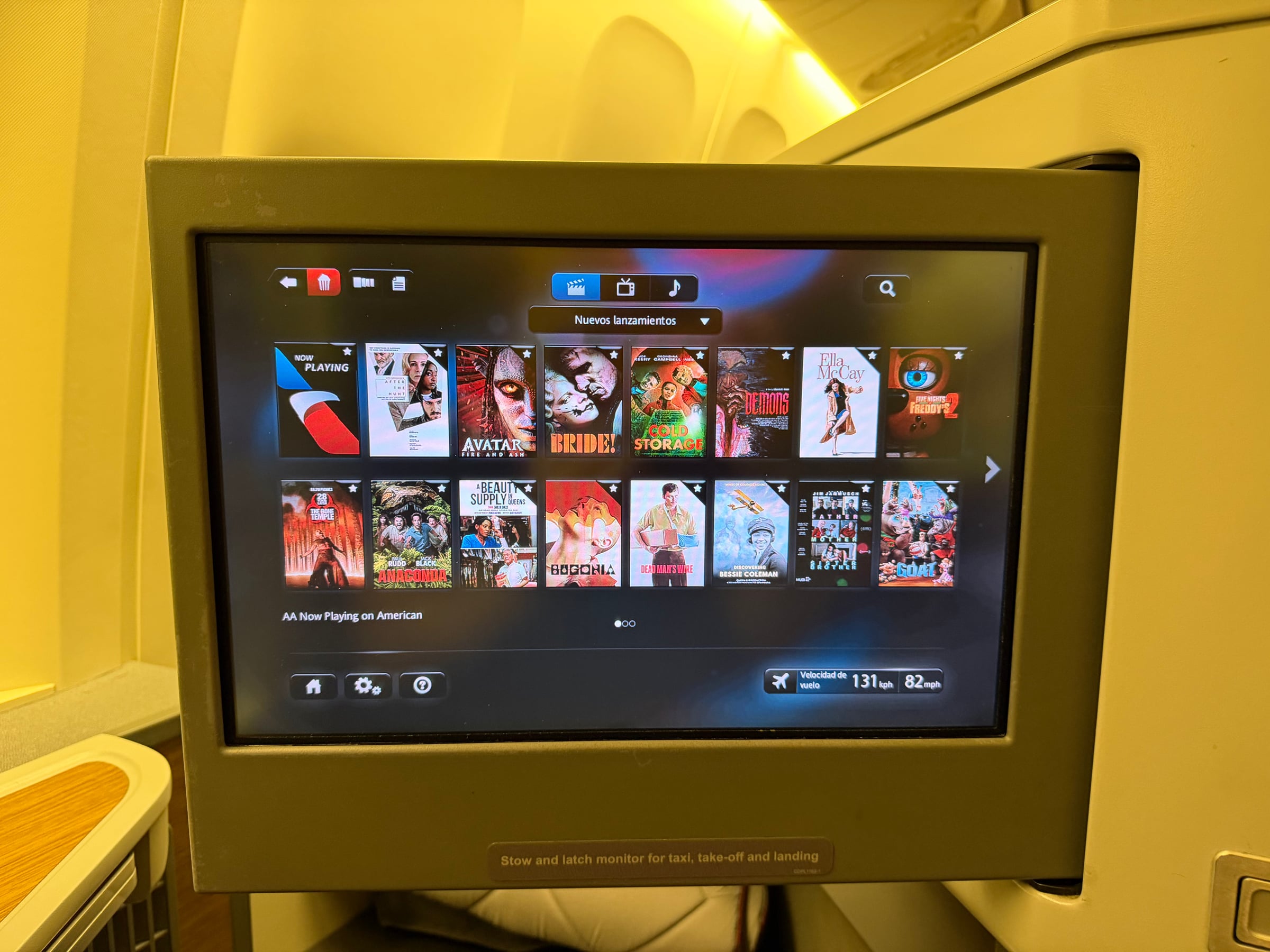 Movie selection on the American Airlines Flagship Business entertainment screen.