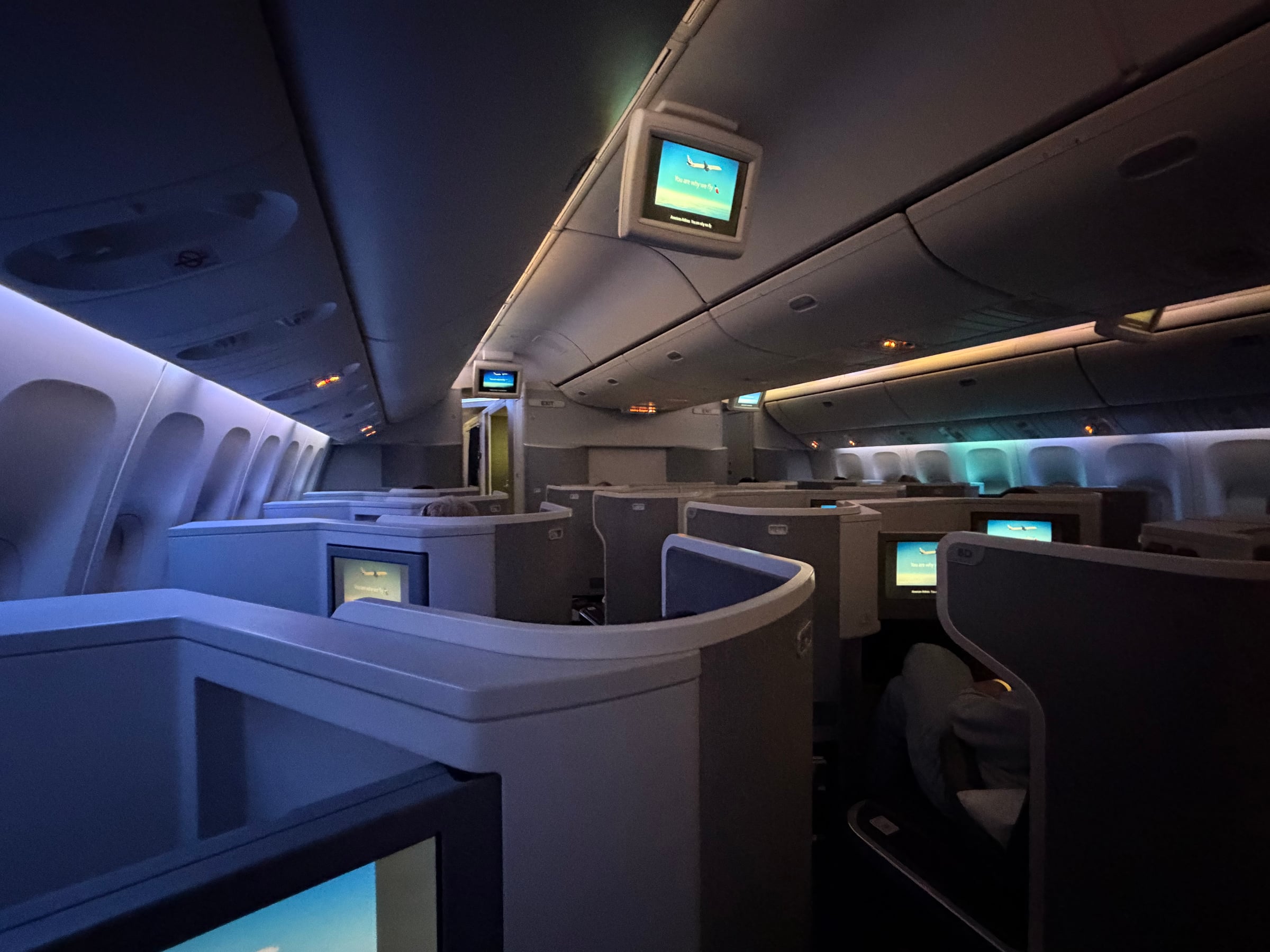 Flagship Business cabin on the American 777 before takeoff from JFK.