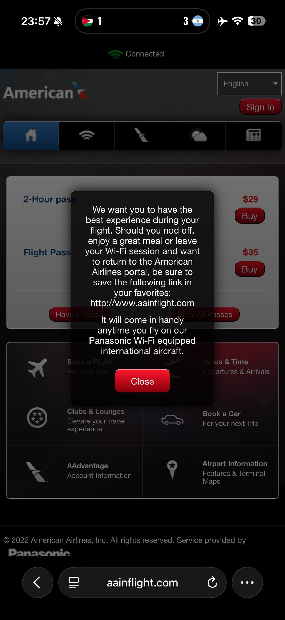 American Airlines Panasonic WiFi portal showing a $29 two-hour pass and a $35 full-flight pass.