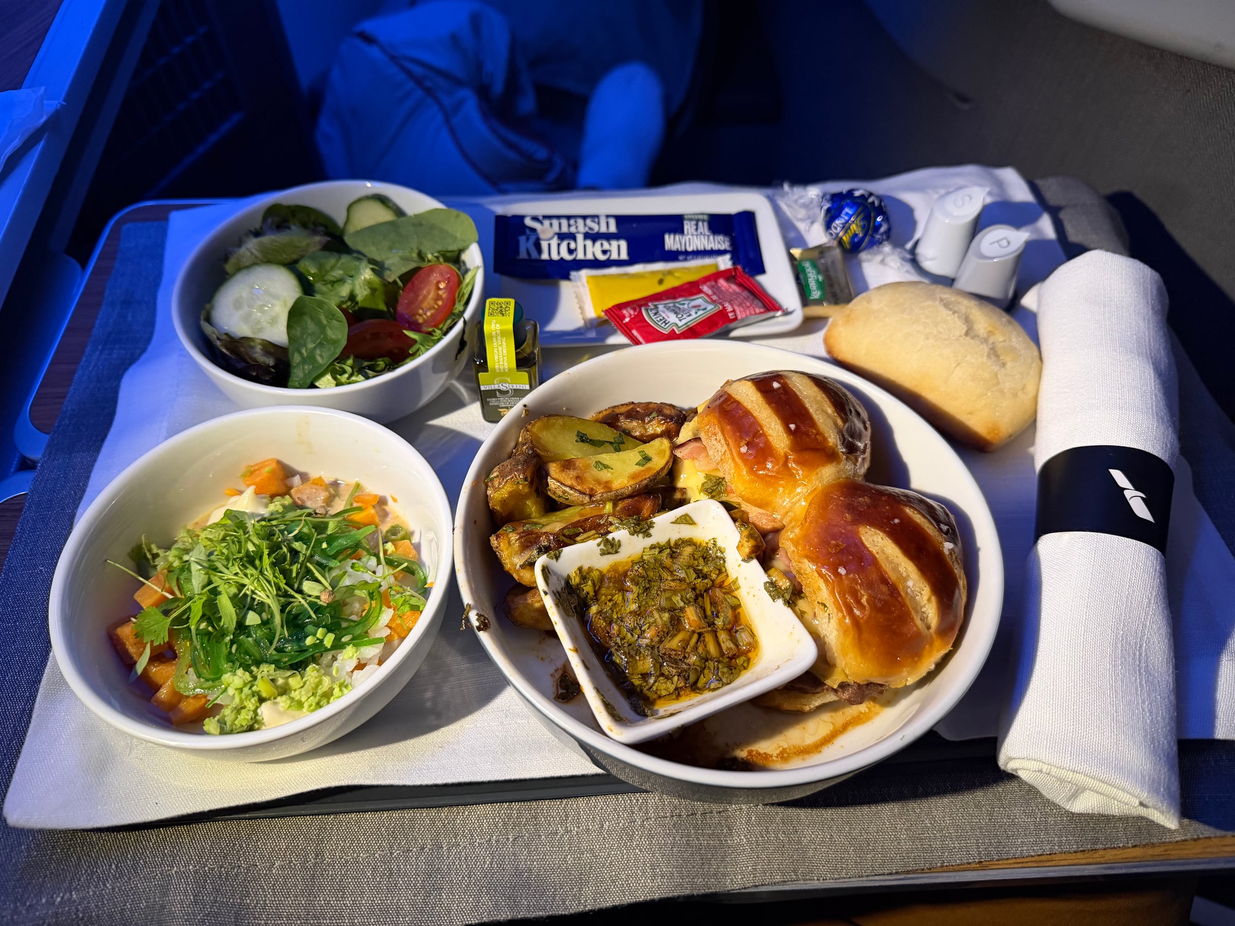 Close-up of the American Airlines Flagship Business dinner tray.