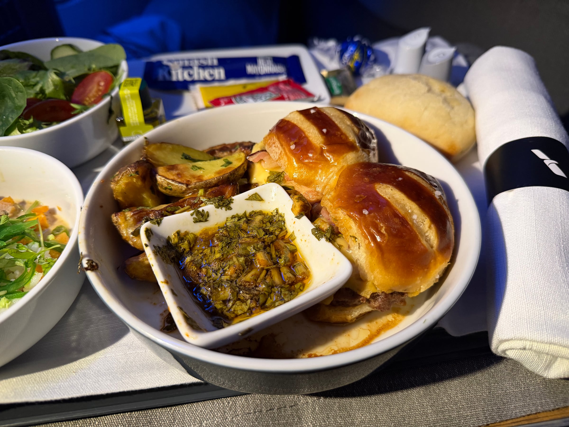 Close-up of the American Airlines centennial sliders main course.