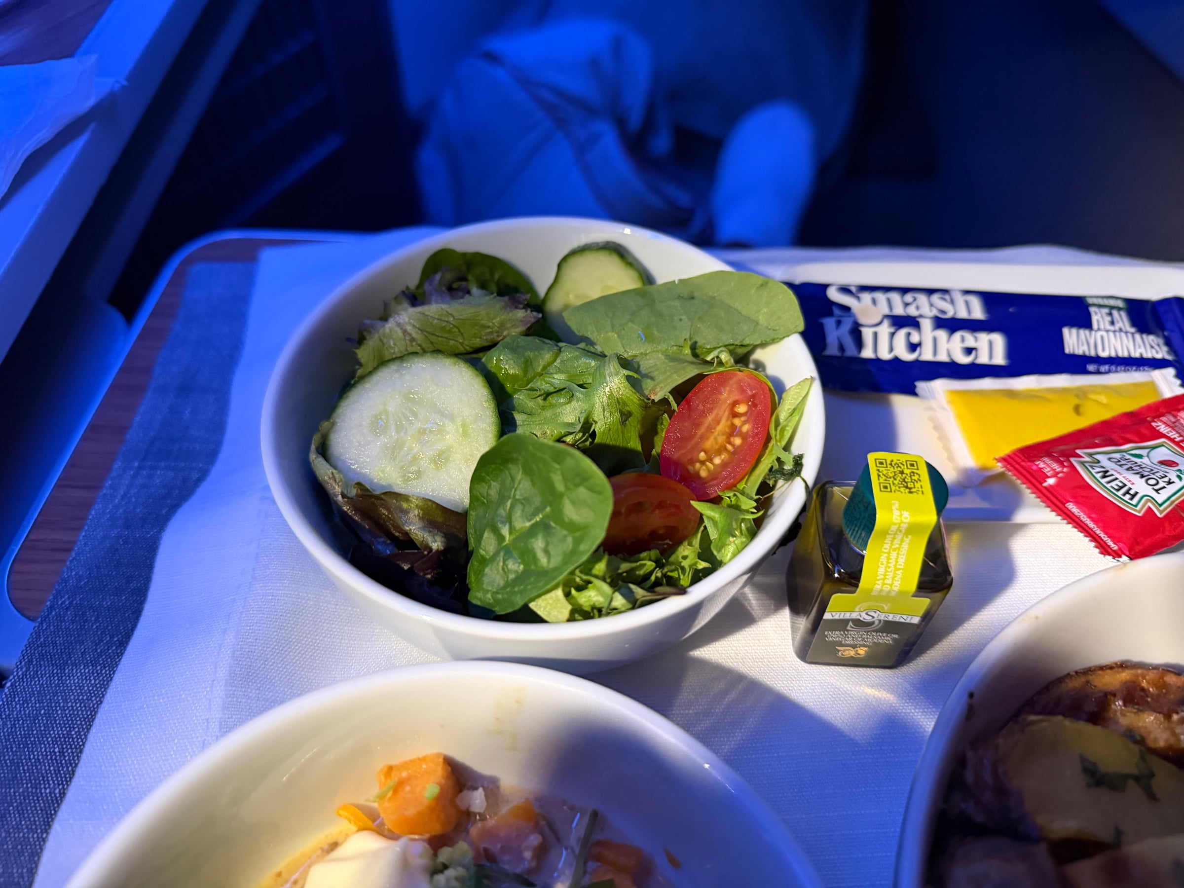 Green salad served with dinner in American Airlines Business Class.