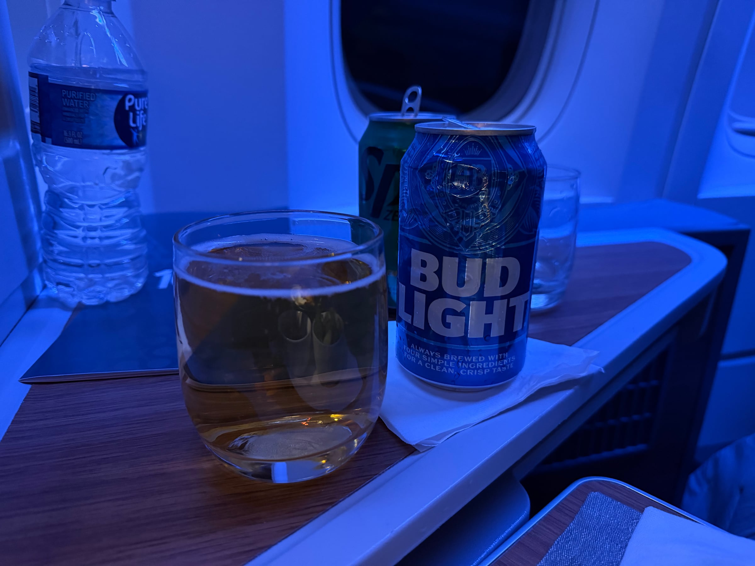 Bud Light and another drink served during the American Airlines dinner service.