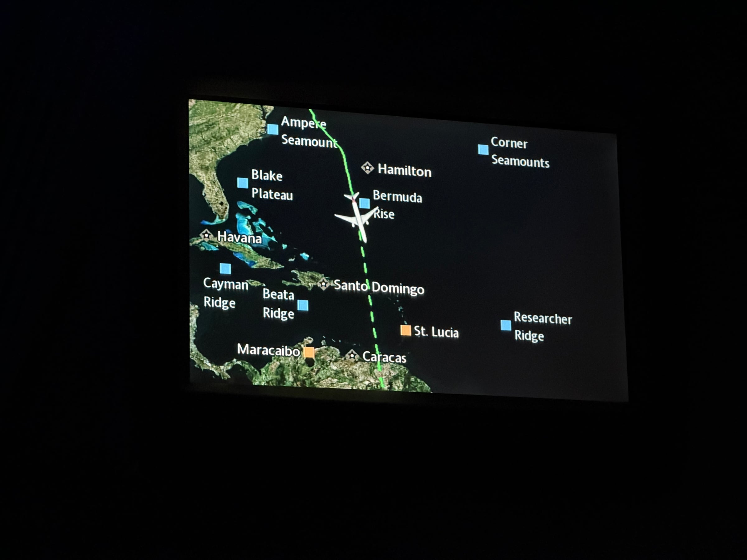 American Airlines 777 moving map showing the overnight route over the Caribbean.