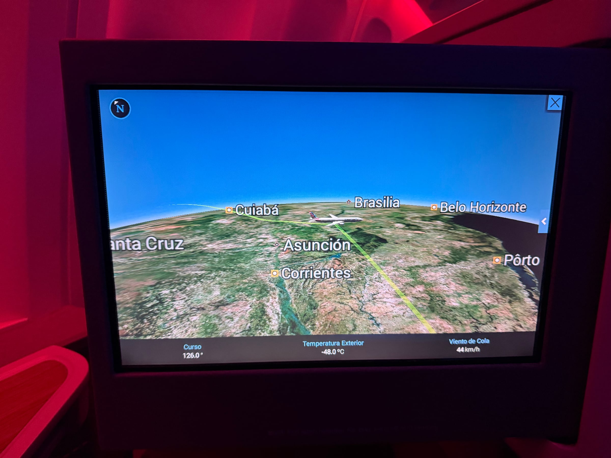 American Airlines 777 moving map over South America during the flight to Buenos Aires.