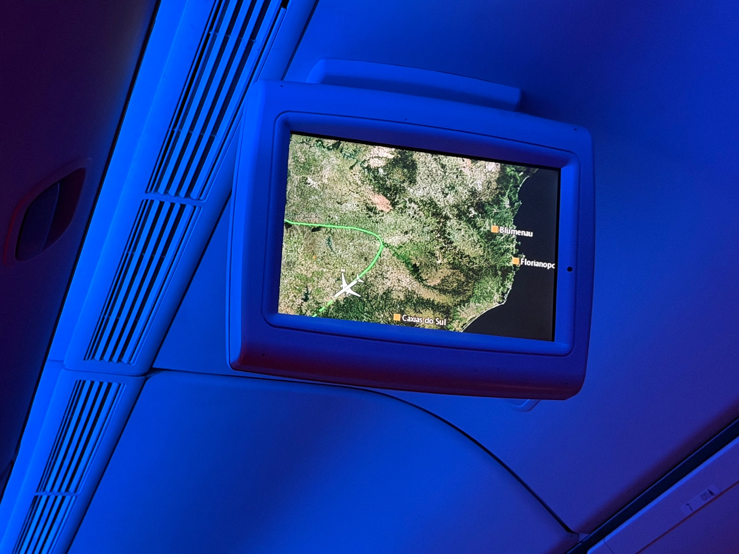 Moving map showing the American 777 route around storms over Brazil and Argentina.