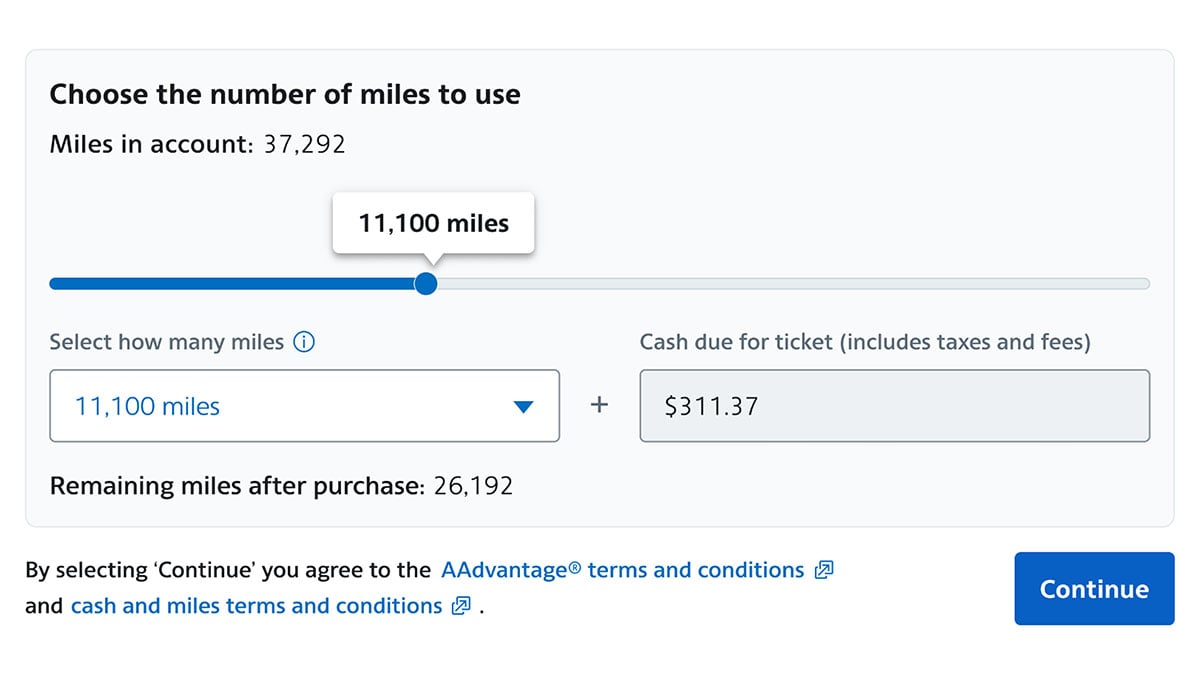 American Airlines cash and miles slider at checkout, applying 11,100 AAdvantage miles and leaving $311.37 to pay in cash.