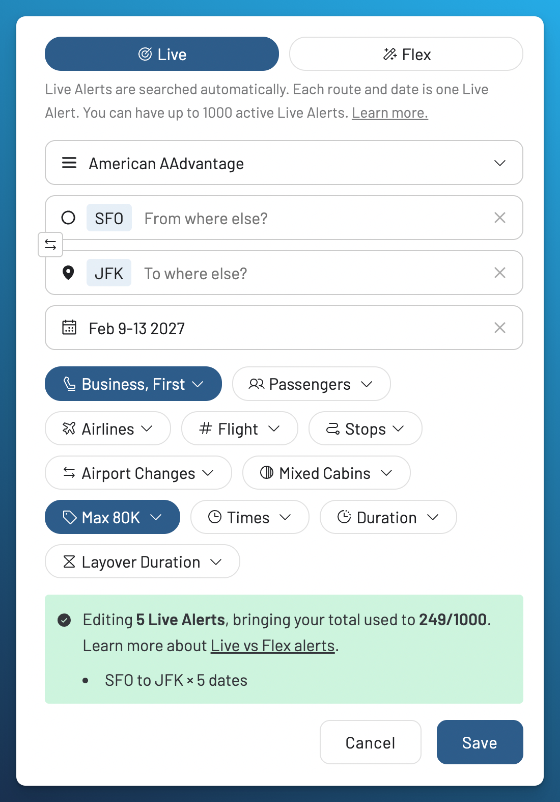 AwardFares Live Alert editor for AAdvantage awards from San Francisco to New York JFK on February 9 to 13, 2027, in Business or First, with a maximum of 80,000 miles.
