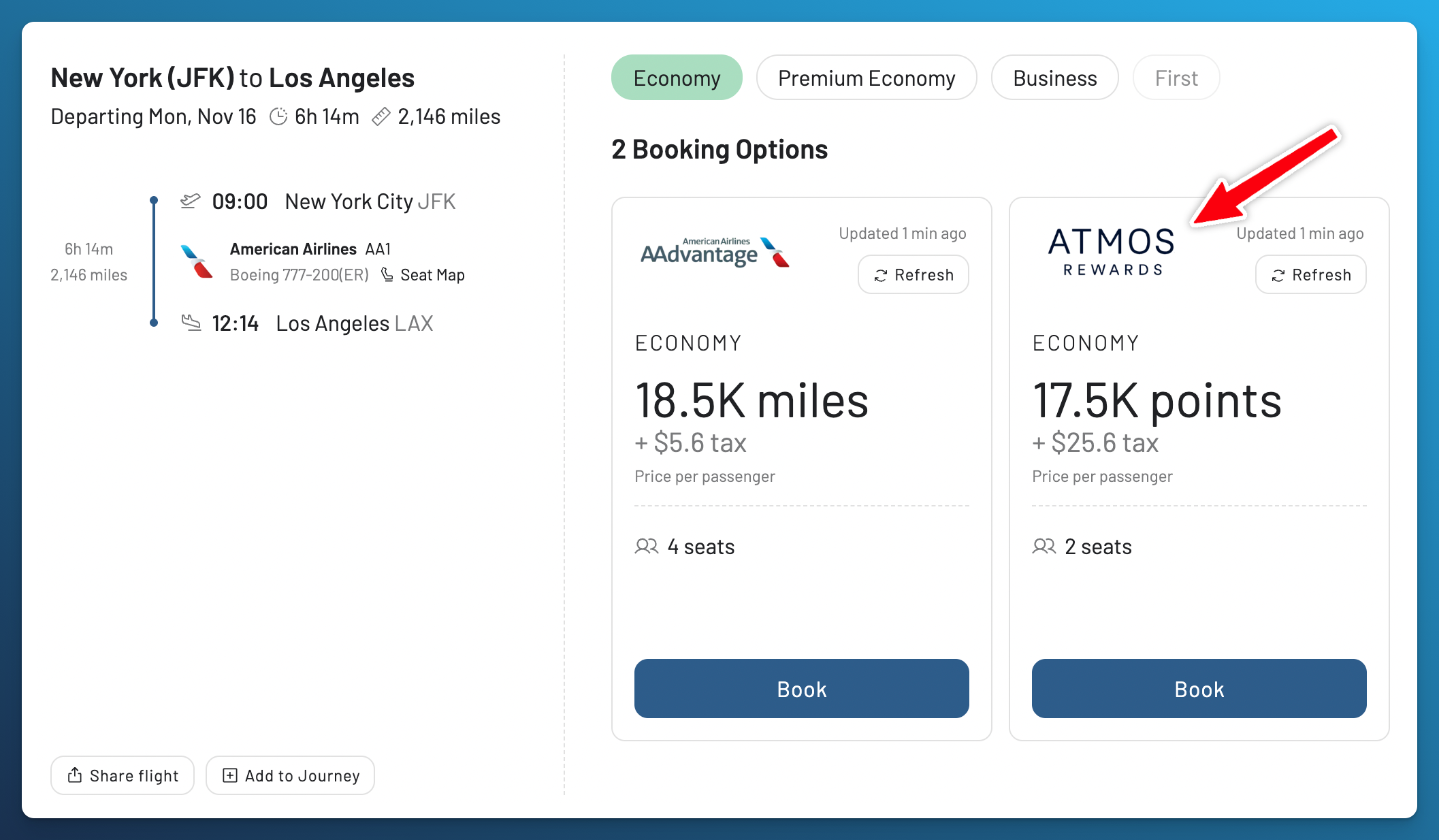 AwardFares booking options for American Airlines AA1 from JFK to Los Angeles on November 16, with Economy at 18,500 AAdvantage miles plus $5.60 or 17,500 Atmos Rewards points plus $25.60.
