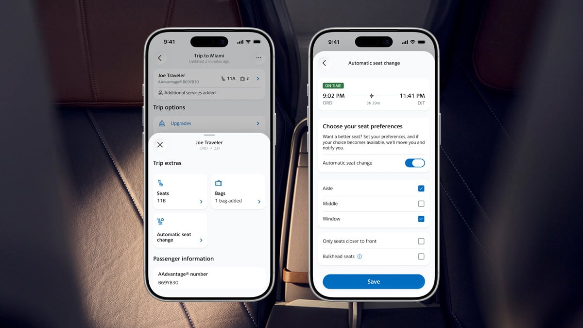 American Airlines app screens showing the Automatic seat change option and seat preferences for aisle, middle, window, front of the cabin, and bulkhead seats.