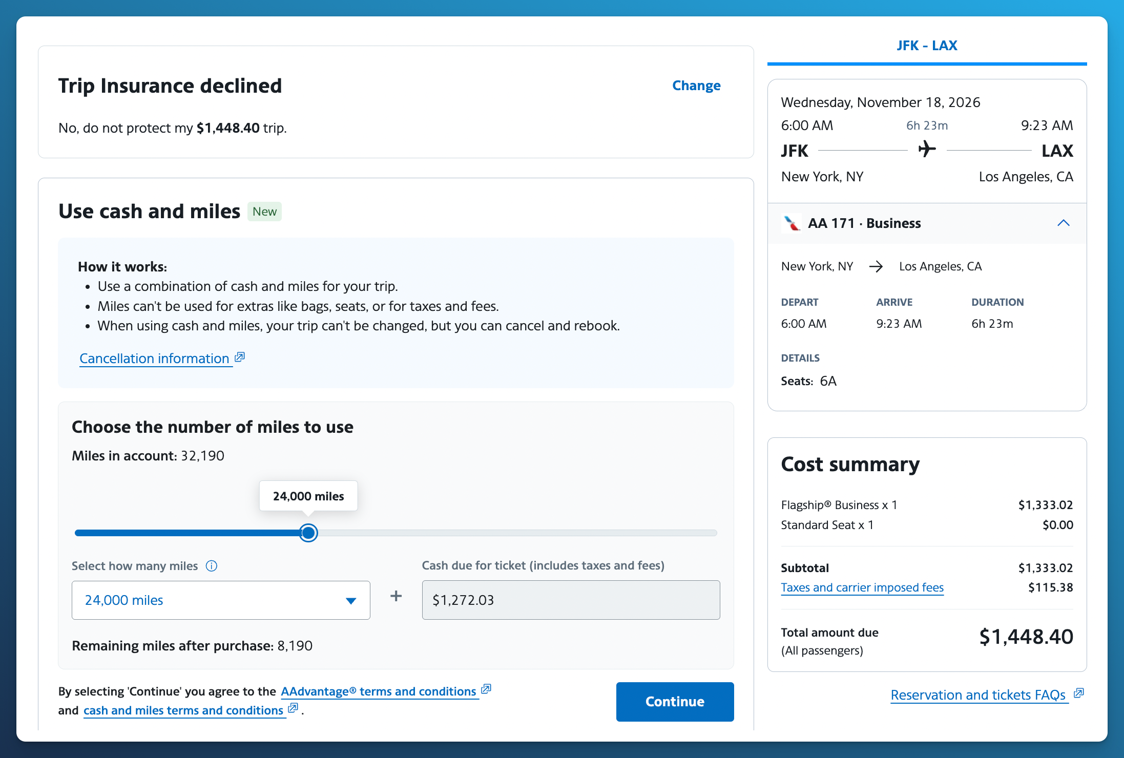 American Airlines checkout for AA171 from JFK to Los Angeles in Business on November 18, 2026, applying 24,000 miles to a $1,448.40 fare and leaving $1,272.03 to pay.