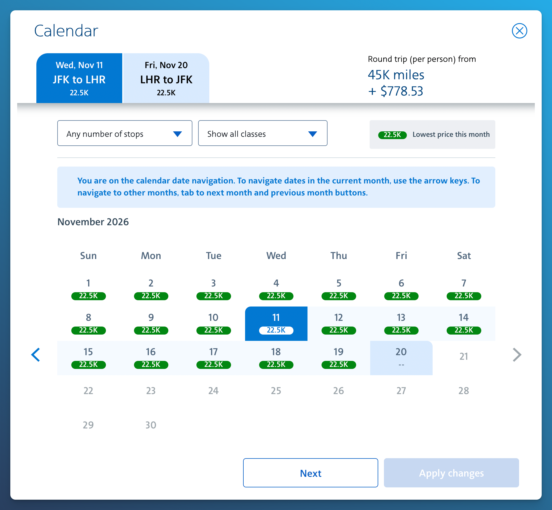American Airlines award calendar showing mileage prices across dates.