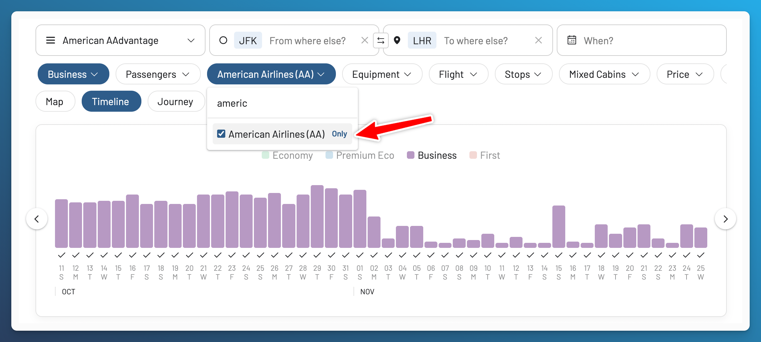 Showing only American Airlines-operated AAdvantage award results.