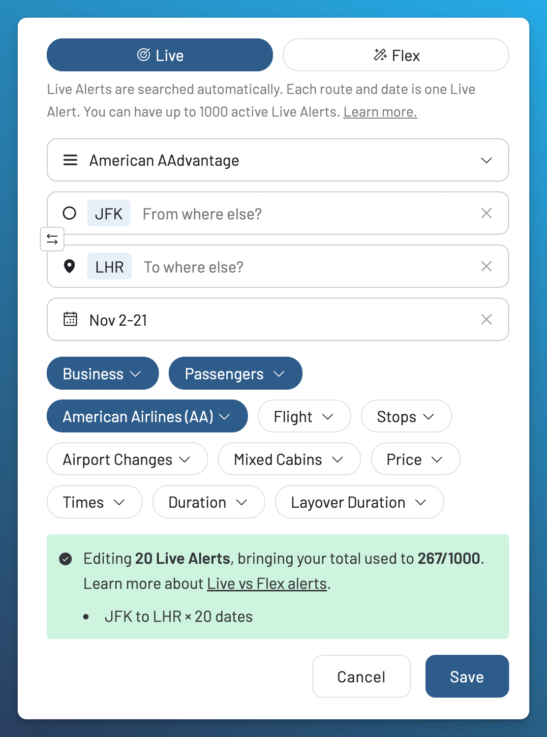 Creating a Live AAdvantage award alert for a date range in AwardFares.
