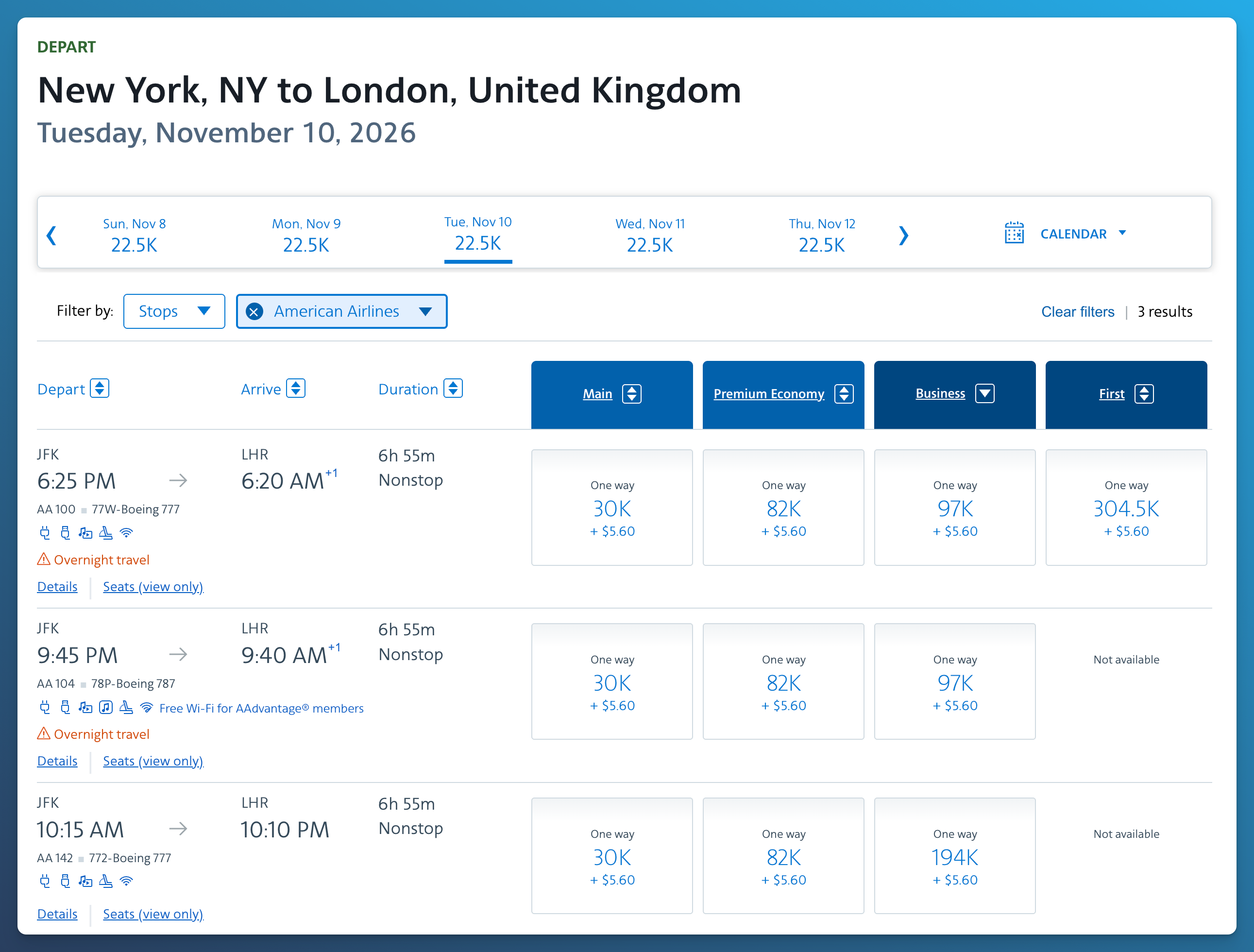 Completing an AAdvantage award booking on the American Airlines website.
