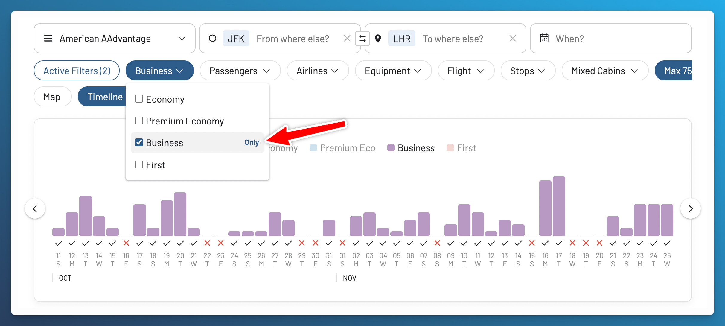 Filtering AAdvantage award results by cabin.