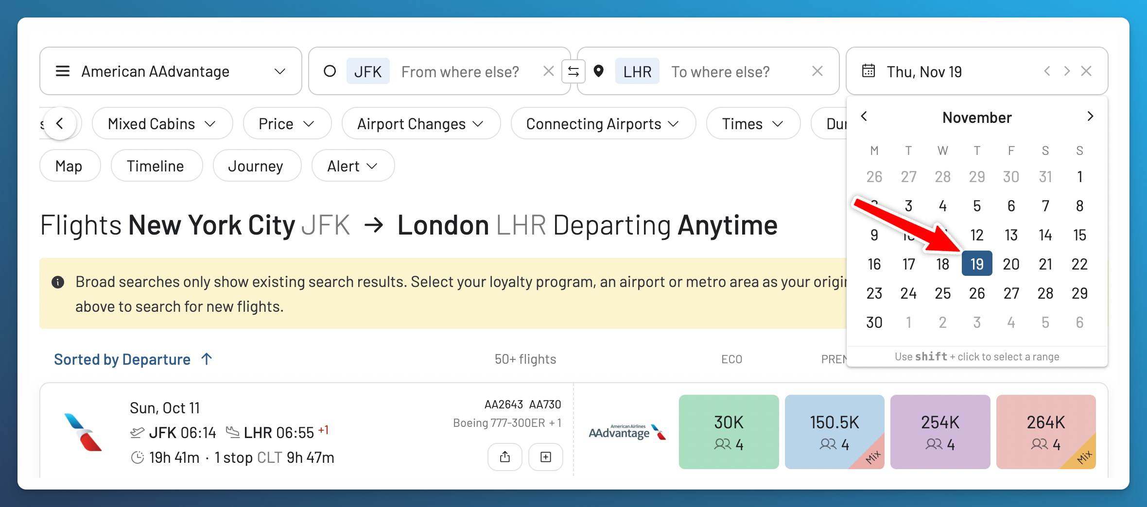 Selecting a travel date for an AAdvantage award search.