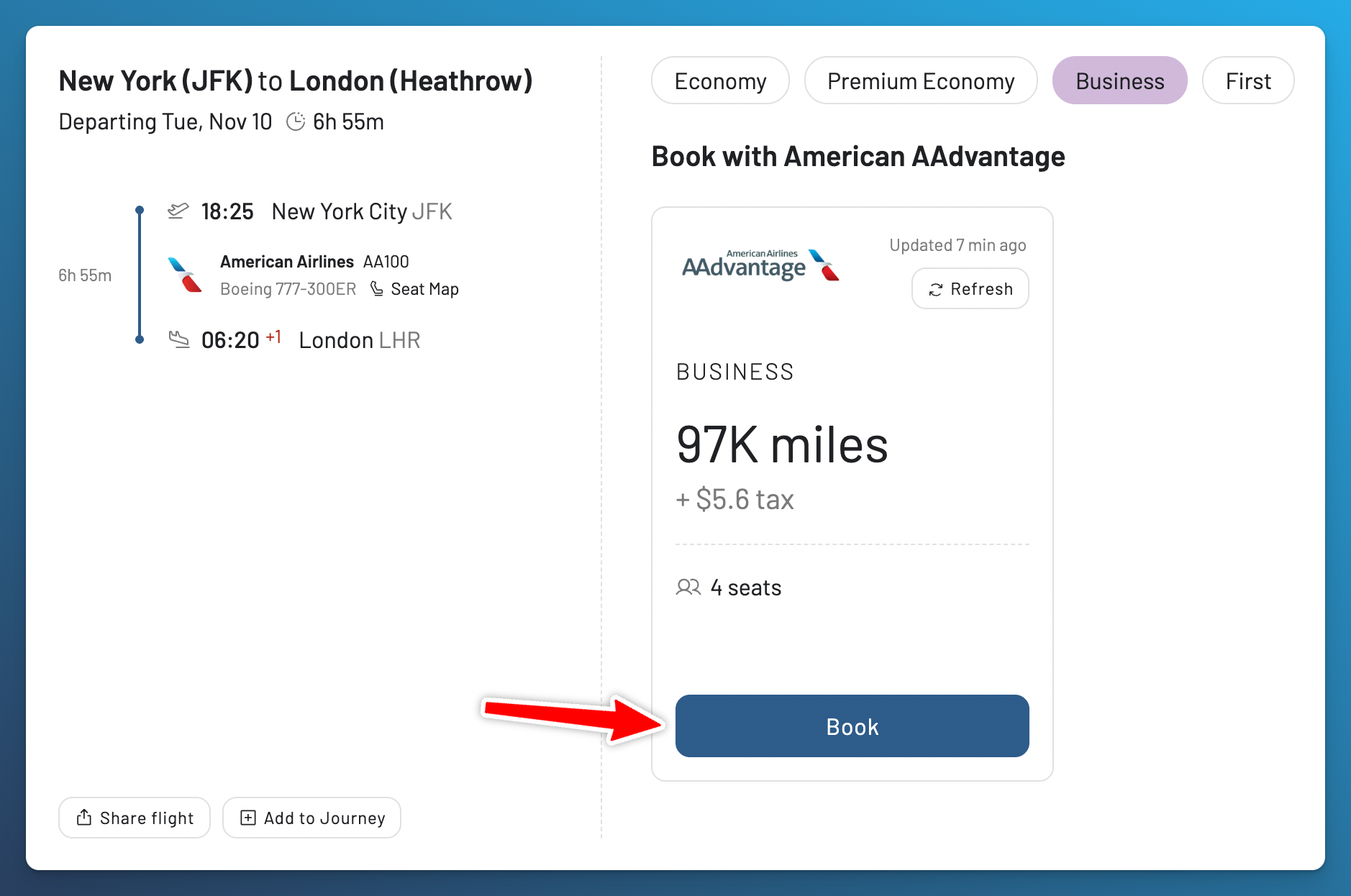 Reviewing an AAdvantage cabin, mileage price, taxes, and available seats before booking.