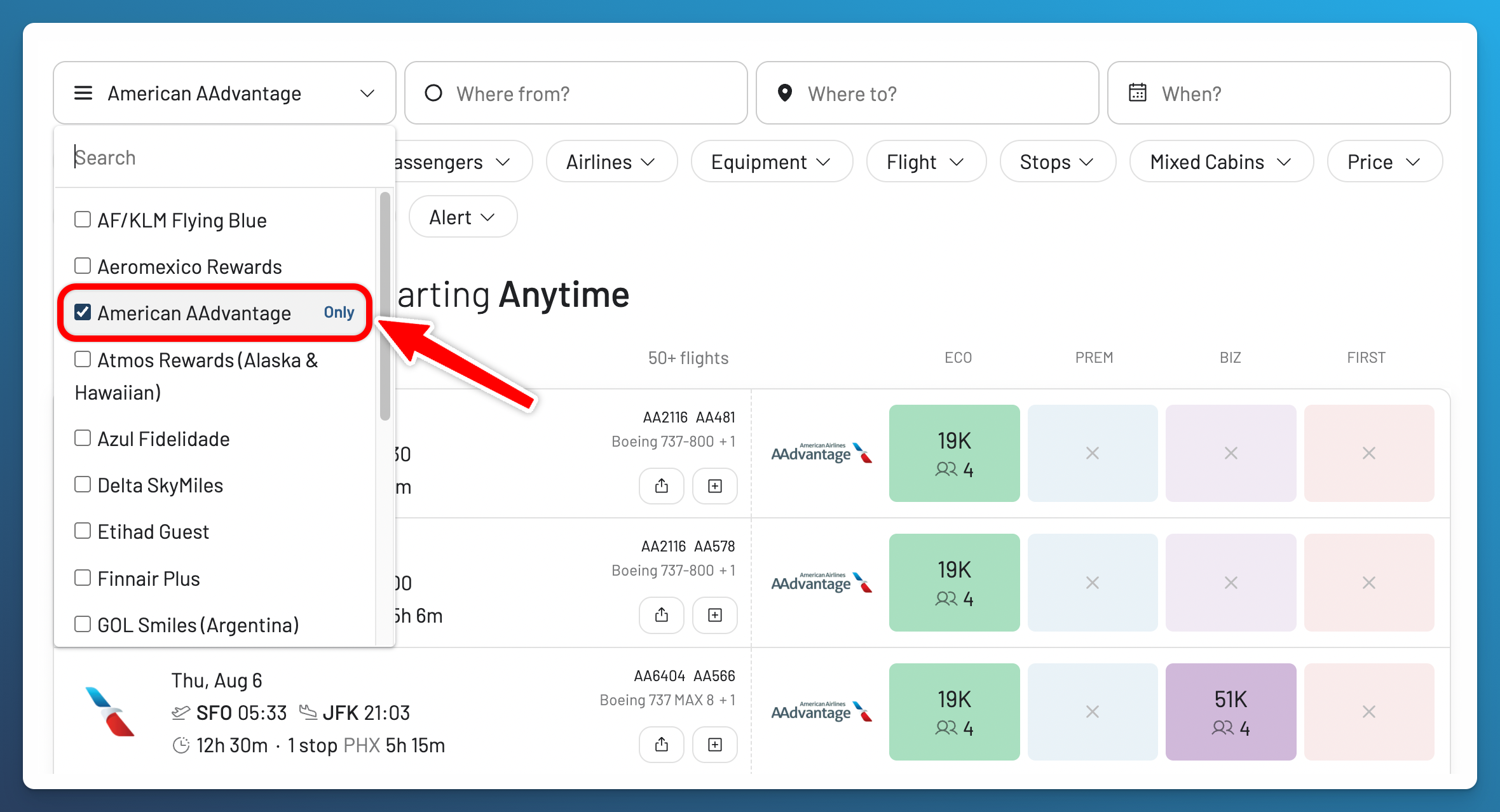 Selecting AAdvantage in the AwardFares frequent flyer program picker.