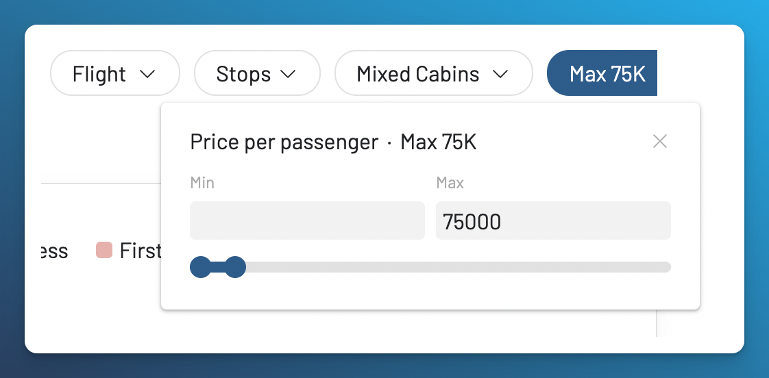 Setting a maximum mileage price for an AAdvantage award search.