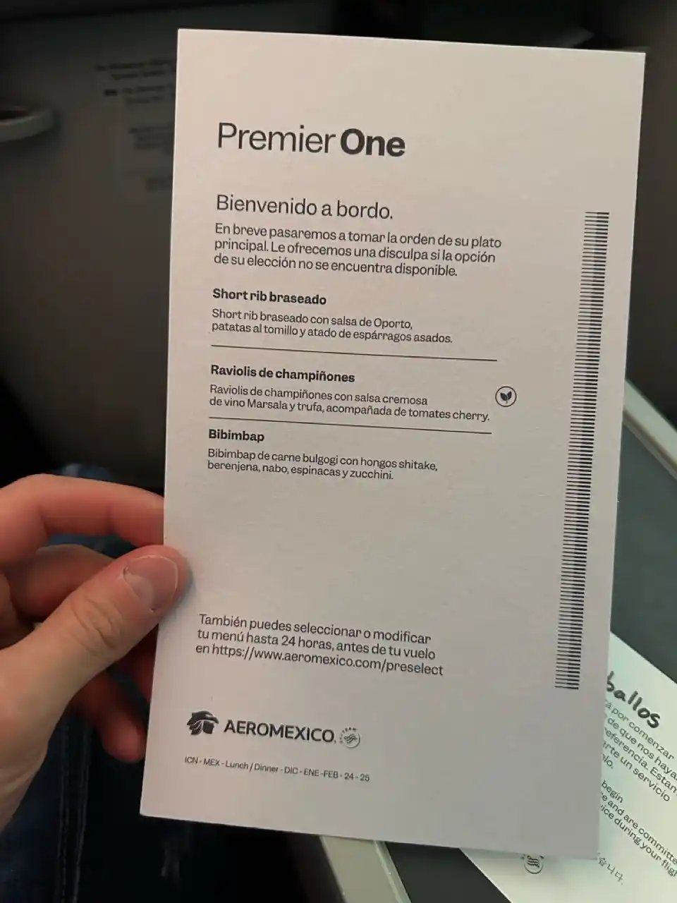 Menú de almuerzo en Clase Ejecutiva Aeroméxico 787-8