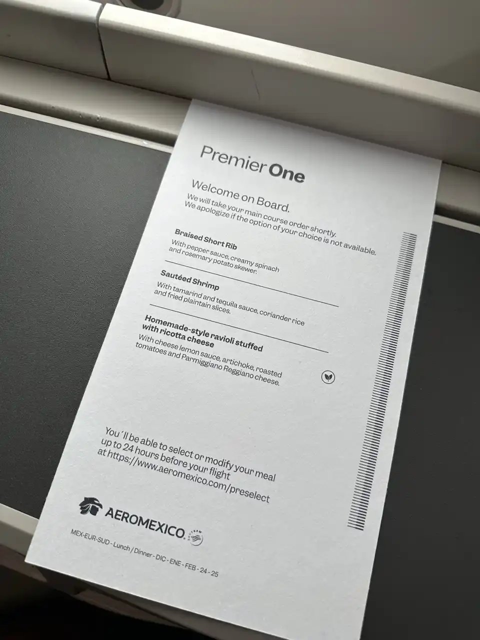 Menú Clase Business Aeroméxico 787-9