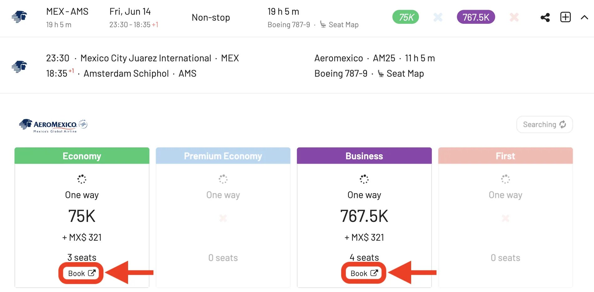 AwardFares redirects you to Aeromexico website to book Aeromexico Rewards awards.