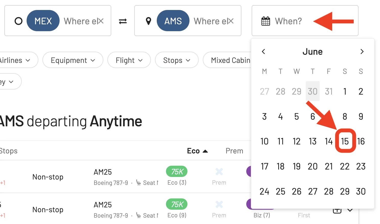 Select the desired date to find Aeromexico Rewards Flights.