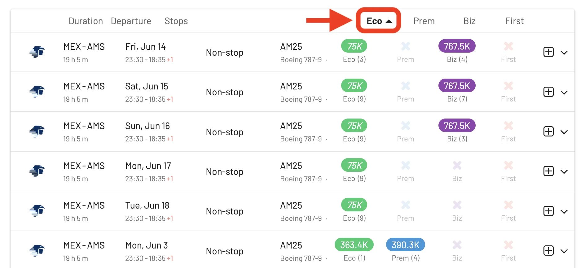 Sort Aeromexico Rewards by price with AwardFares.