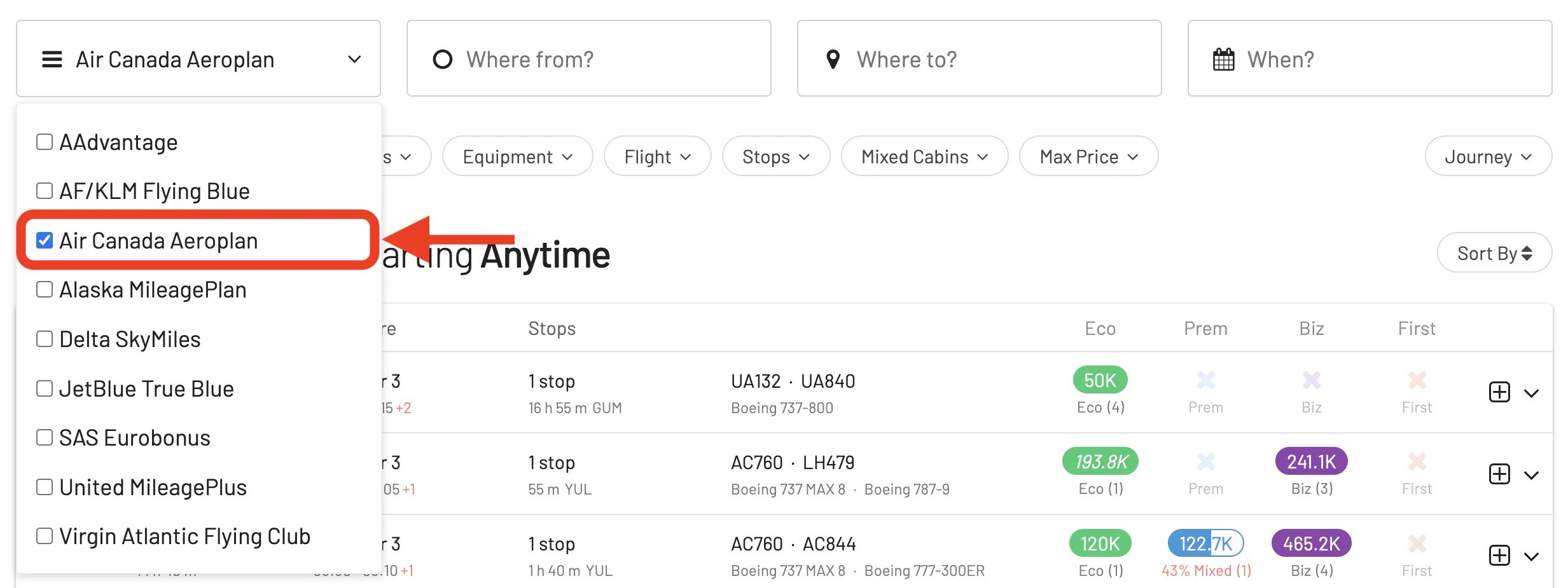 Show only Aeroplan results in AwardFares