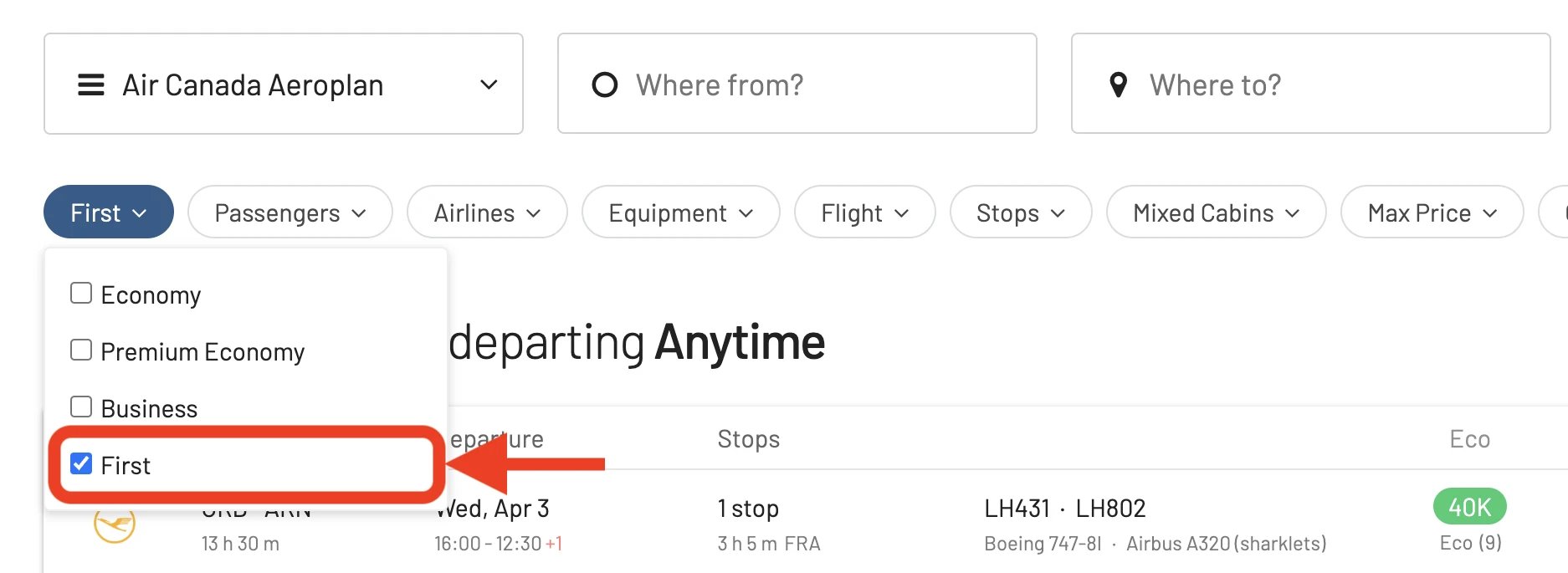 Filter Aeroplan awards on First-class Cabin
