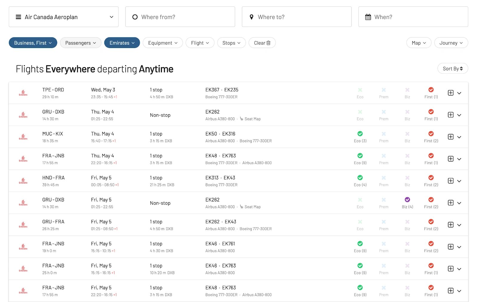 Find Emirates award availability using Aeroplan points on AwardFares.