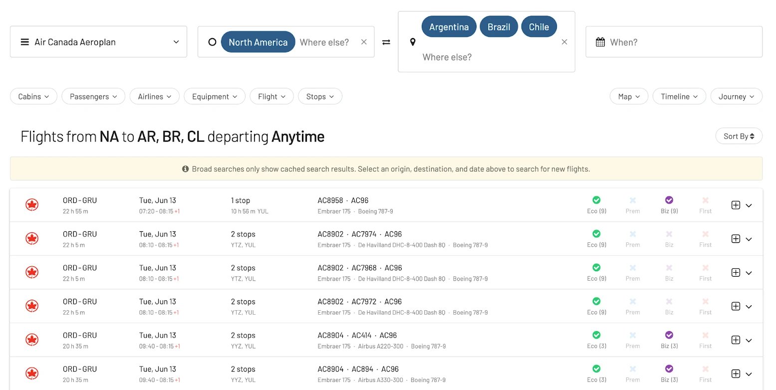 North America Deep South America on Aeroplan (using AwardFares).