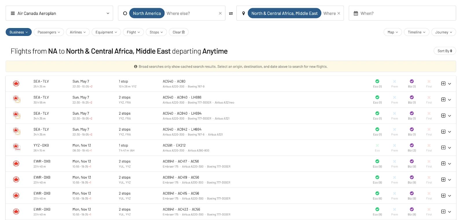 Aeroplan award flights from North America to the Middle East.