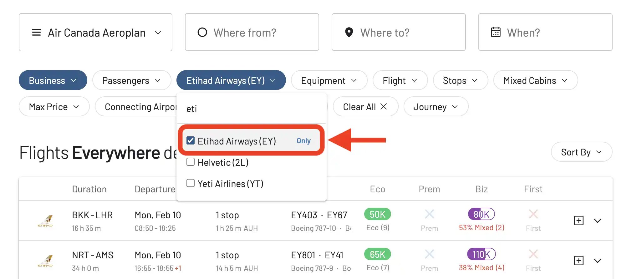 Aeroplan adopts dynamic pricing for partners in March 2025: Etihad Business Class.
