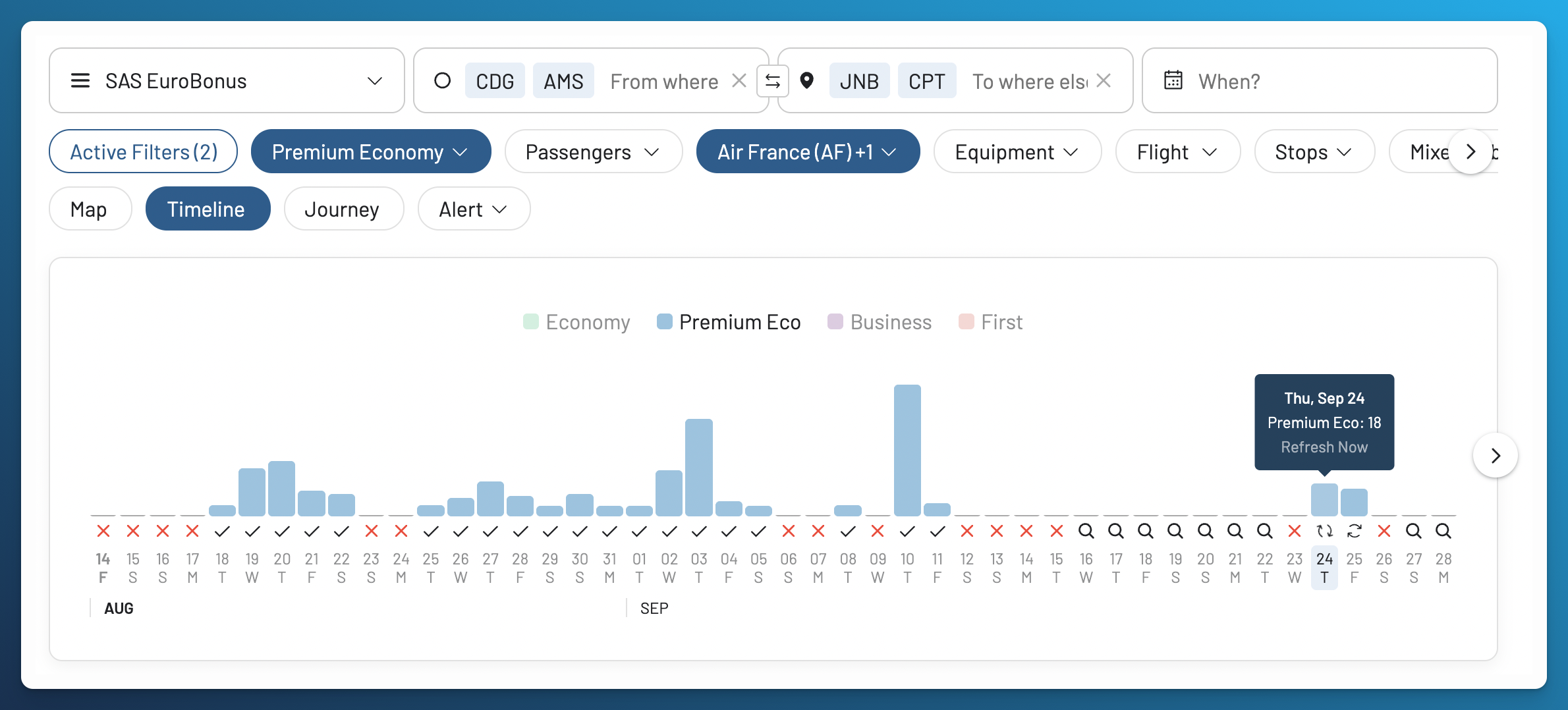 Air France and KLM Premium Economy award availability from Paris and Amsterdam to Johannesburg and Cape Town on AwardFares with SAS EuroBonus