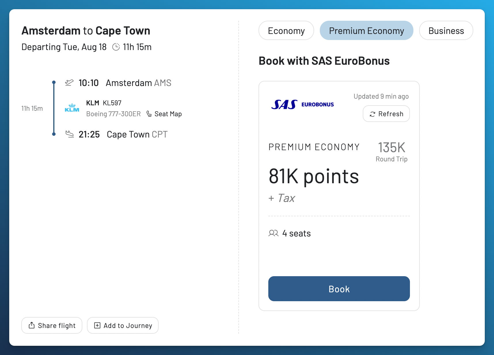 KLM Premium Comfort award from Amsterdam to Cape Town priced at 81,000 EuroBonus points one-way on AwardFares