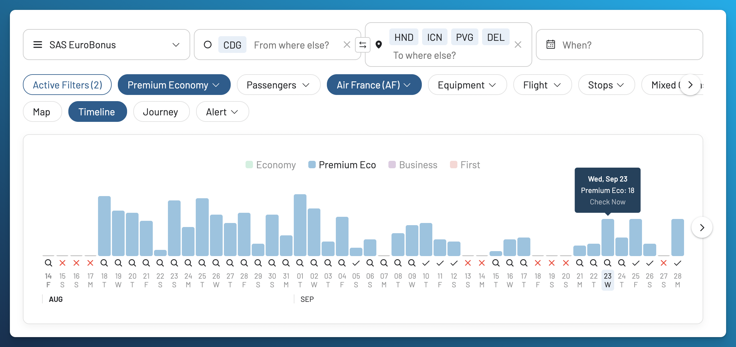 Air France Premium Economy award availability from Paris to Tokyo, Seoul and Shanghai on AwardFares with SAS EuroBonus