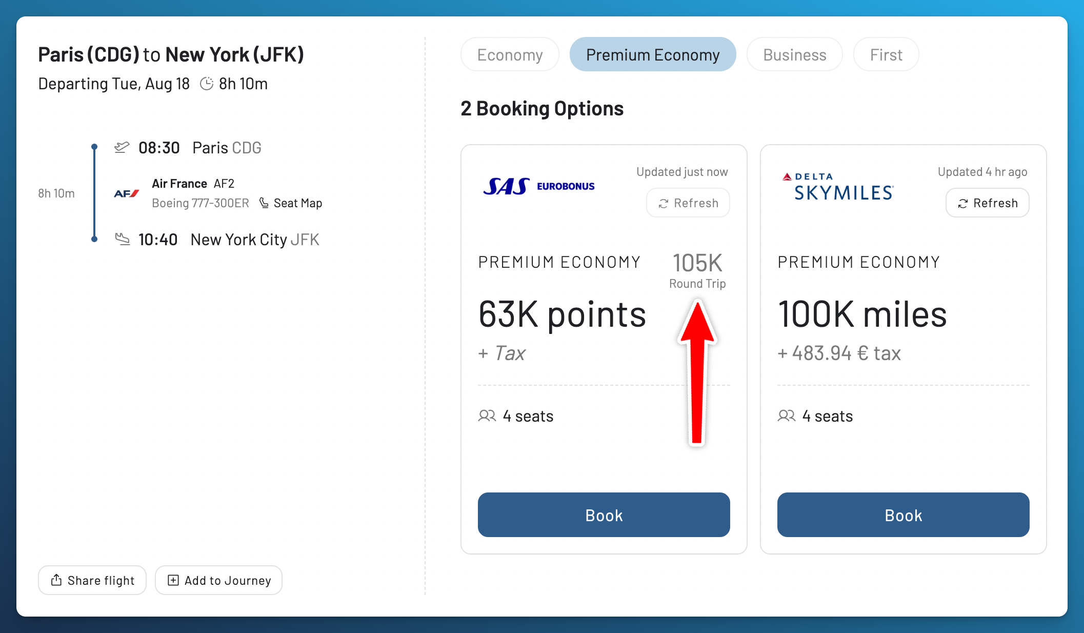 Air France Premium Economy award availability from Paris to the US on AwardFares with SAS EuroBonus
