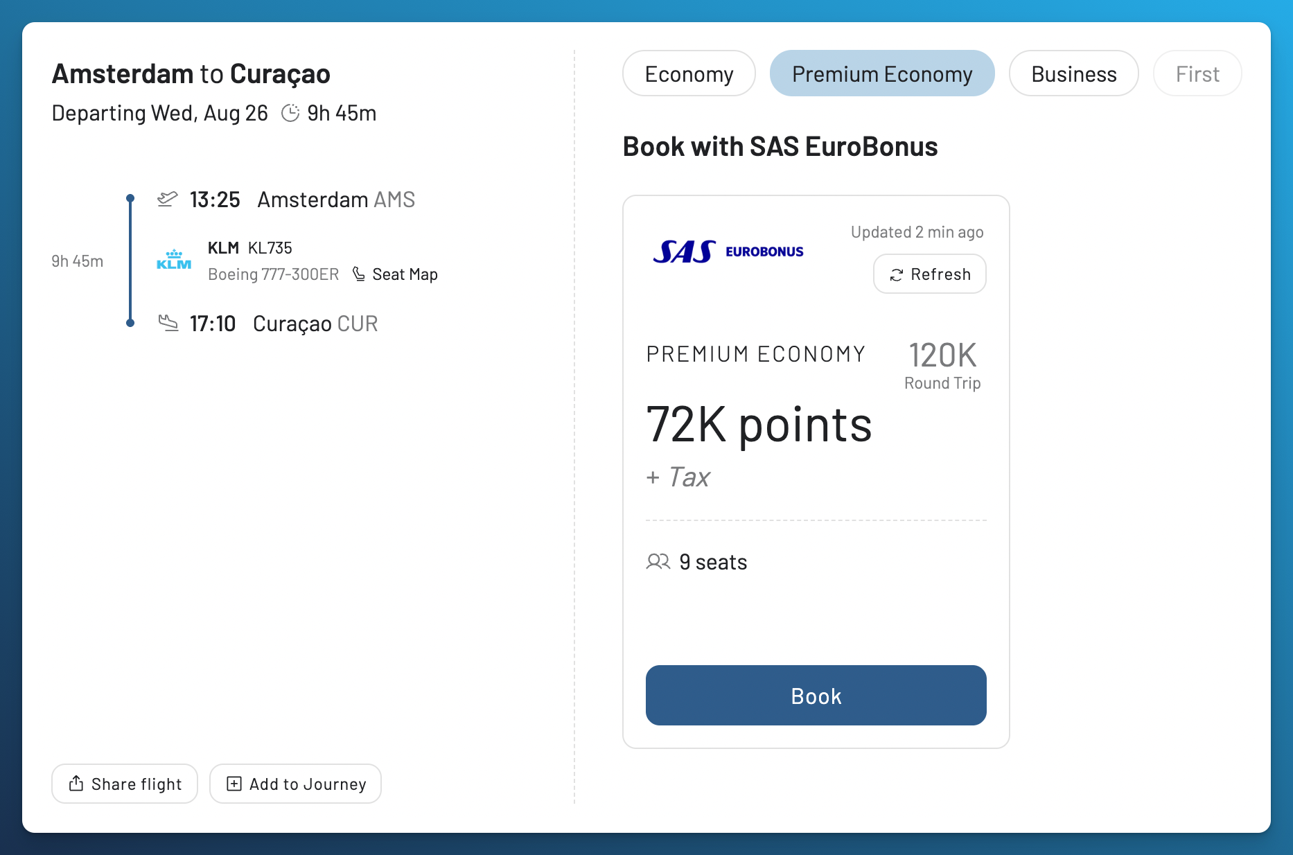 KLM Premium Comfort award availability from Amsterdam to Curacao, Aruba and Bonaire on AwardFares with SAS EuroBonus